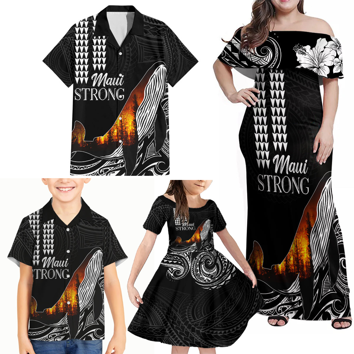 Hawaii Humpback Whale Family Matching Off Shoulder Maxi Dress and Hawaiian Shirt Be Strong - Pray For Maui LT7 - Polynesian Pride