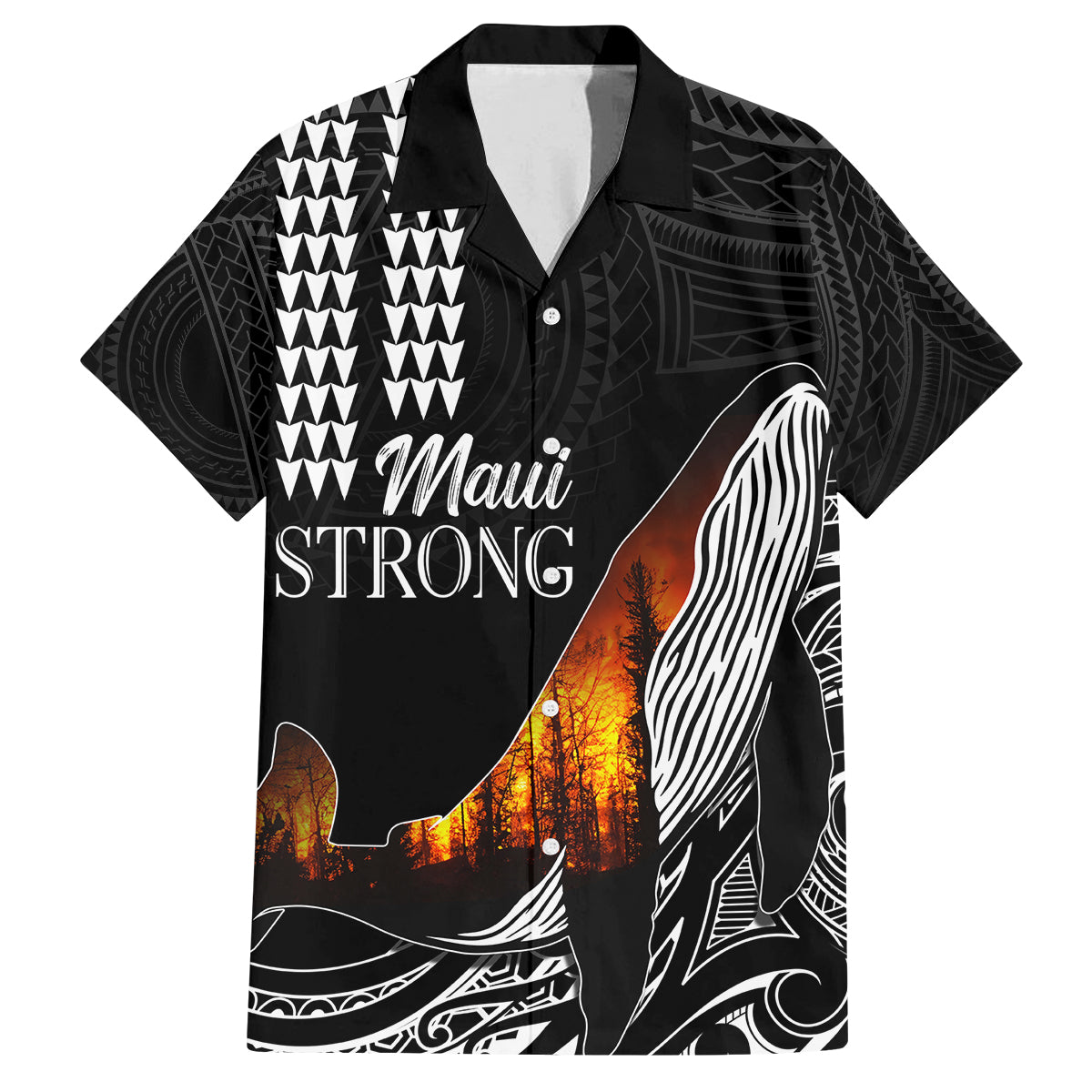 Hawaii Humpback Whale Family Matching Off Shoulder Maxi Dress and Hawaiian Shirt Be Strong - Pray For Maui LT7 Dad's Shirt - Short Sleeve Black - Polynesian Pride
