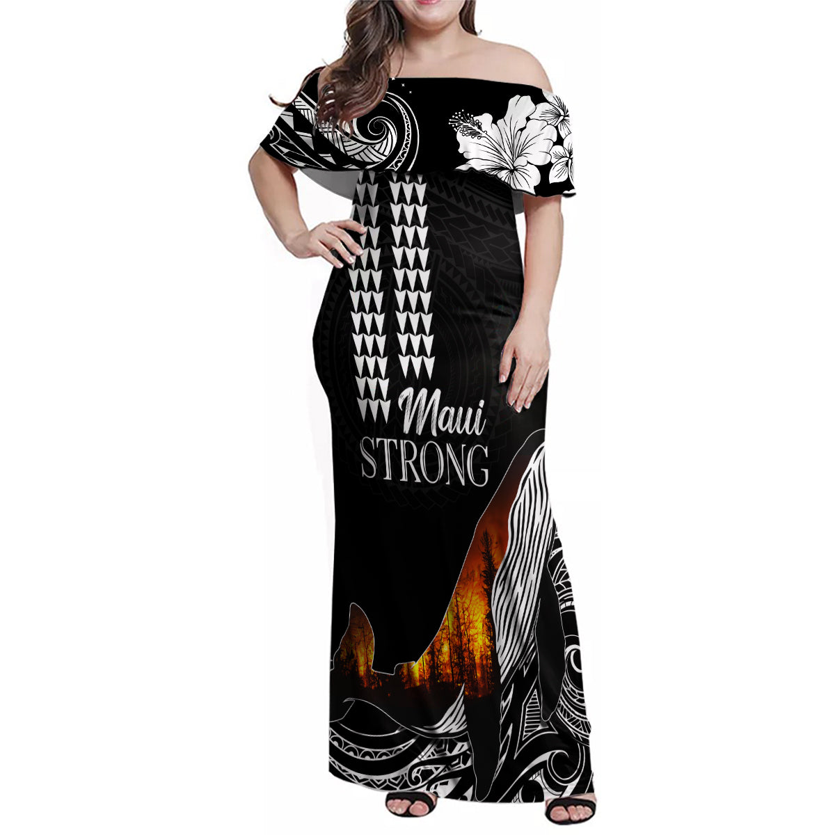 Hawaii Humpback Whale Family Matching Off Shoulder Maxi Dress and Hawaiian Shirt Be Strong - Pray For Maui LT7 Mom's Dress Black - Polynesian Pride