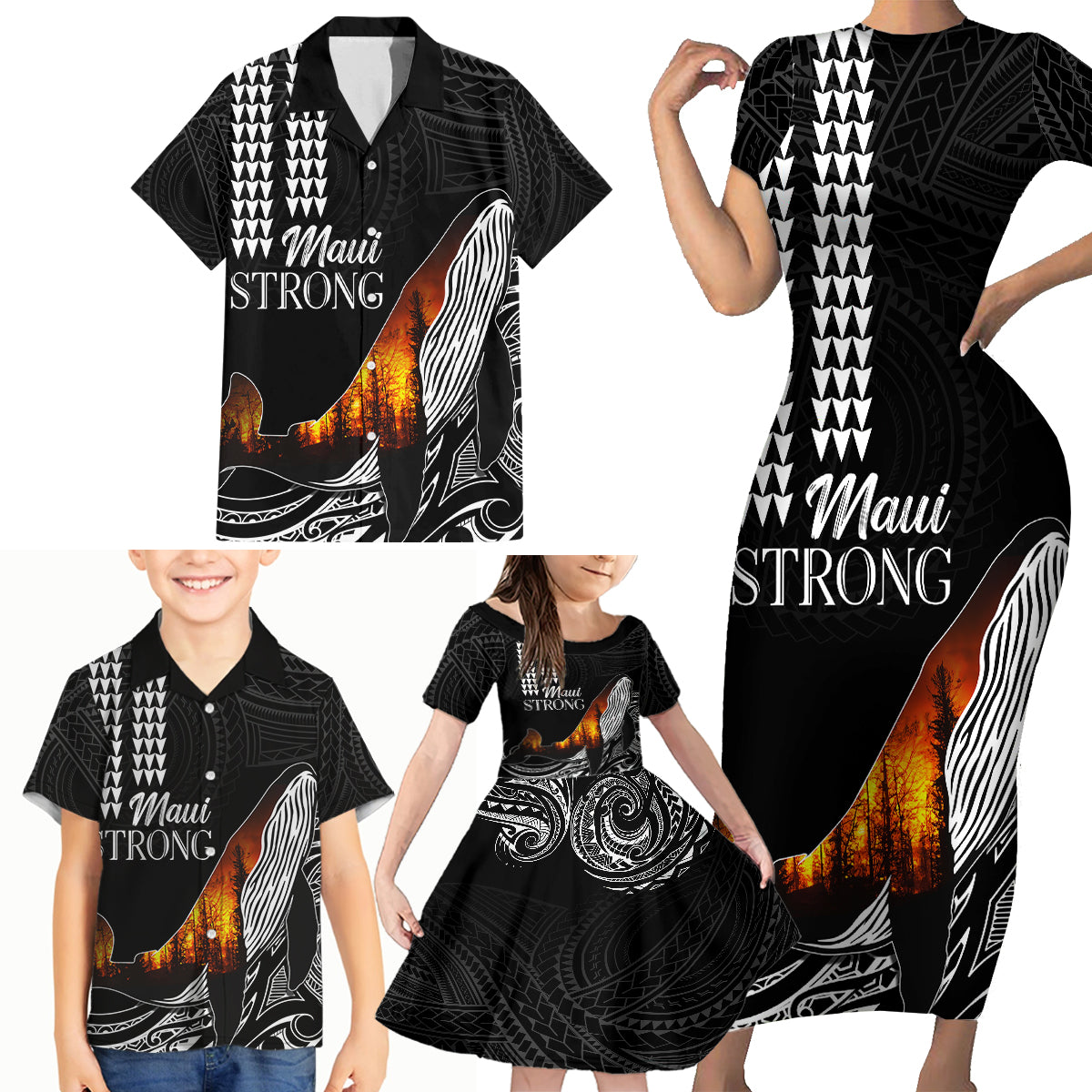 Hawaii Humpback Whale Family Matching Short Sleeve Bodycon Dress and Hawaiian Shirt Be Strong - Pray For Maui LT7 - Polynesian Pride