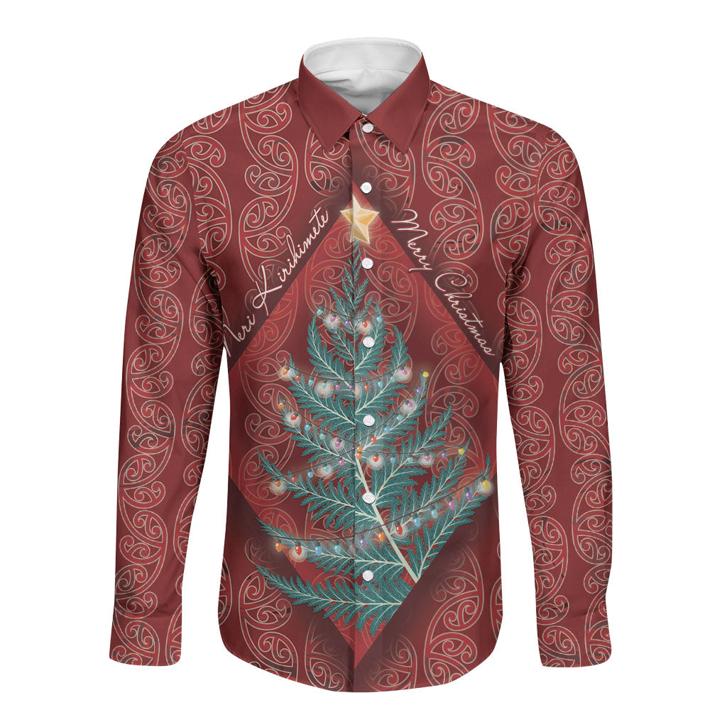 Aotearoa Maori Mangopare Meri Kirihimete Long Sleeve Button Shirt Christmas Fern LT7 Unisex Red - Polynesian Pride