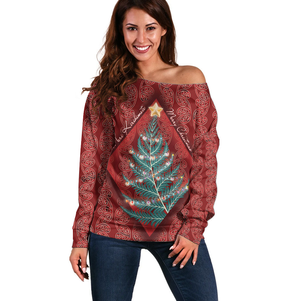 Aotearoa Maori Mangopare Meri Kirihimete Off Shoulder Sweater Christmas Fern LT7 Women Red - Polynesian Pride