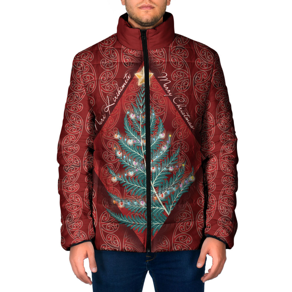 Aotearoa Maori Mangopare Meri Kirihimete Padded Jacket Christmas Fern LT7 Men Red - Polynesian Pride