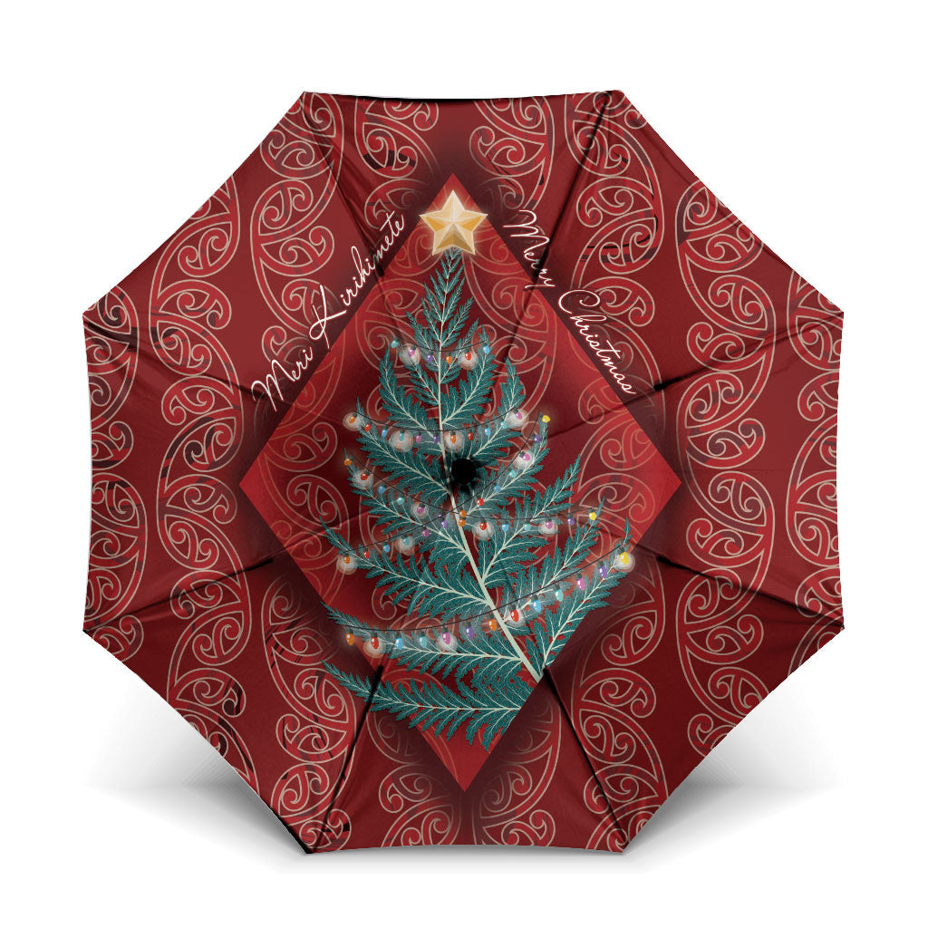 Aotearoa Maori Mangopare Meri Kirihimete Umbrella Christmas Fern LT7 One Size Folded 11.42 inch Opened Diameter 37.4 inch Red - Polynesian Pride