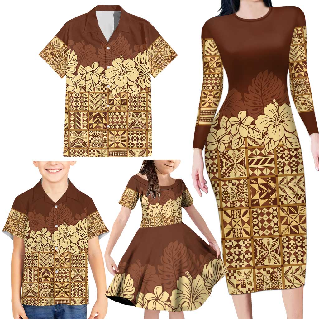 Niue Hiapo Motif Family Matching Long Sleeve Bodycon Dress and Hawaiian Shirt Tapa Classic