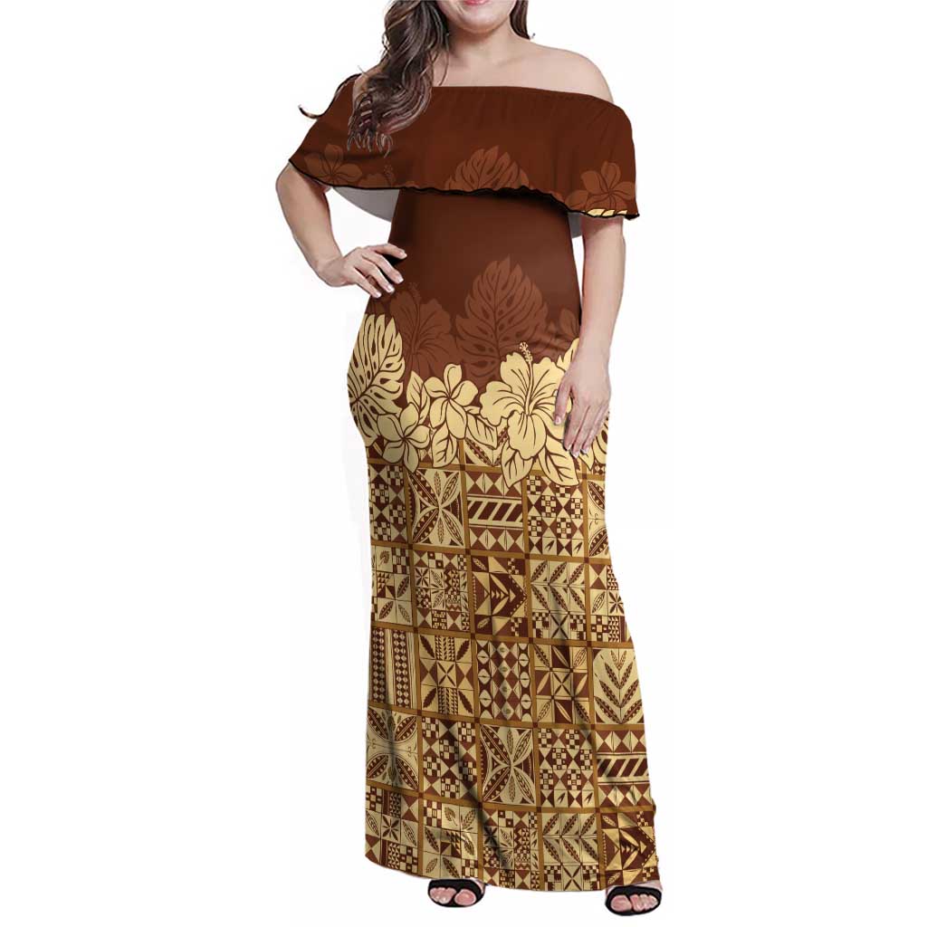 Niue Hiapo Motif Family Matching Off Shoulder Maxi Dress and Hawaiian Shirt Tapa Classic