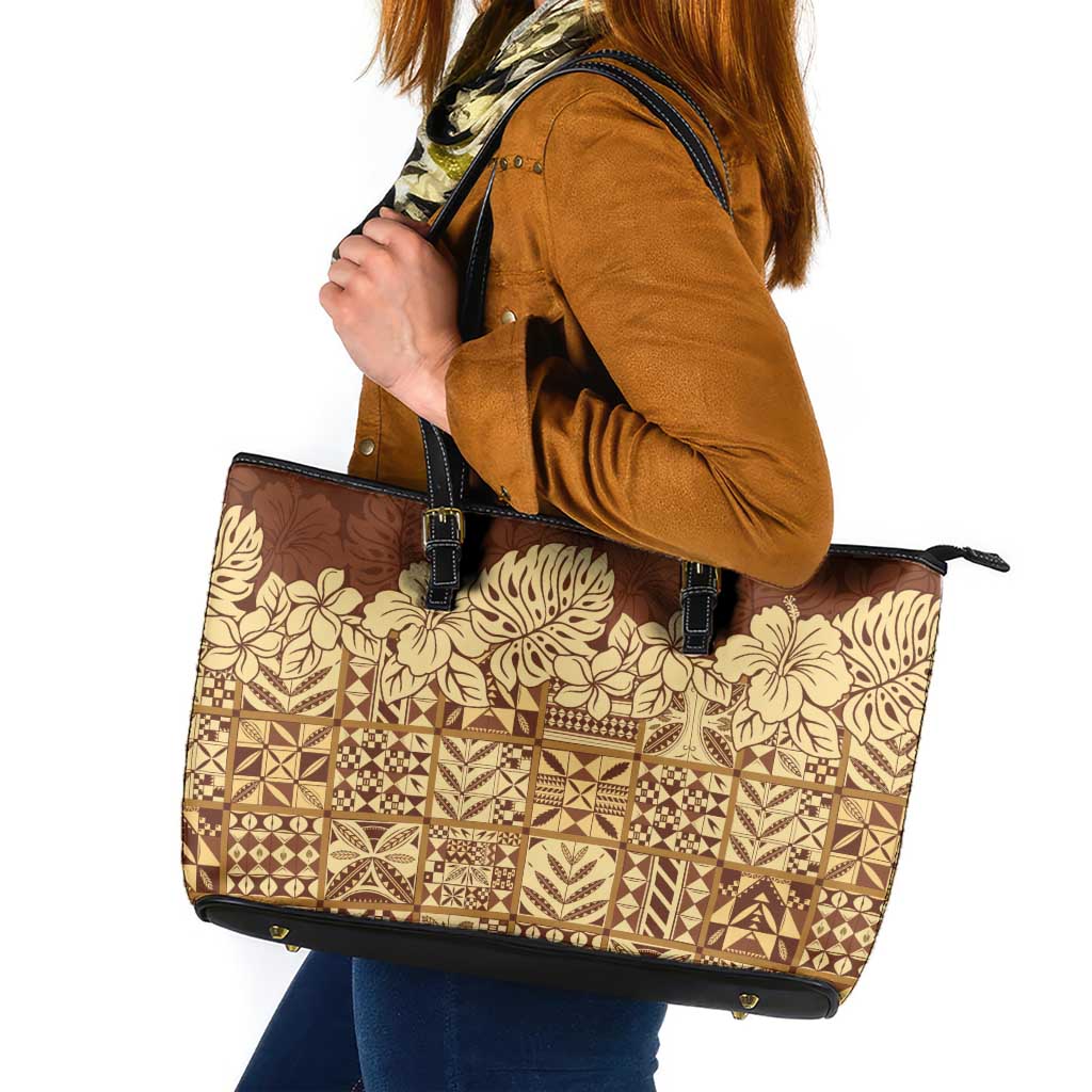 Niue Hiapo Motif Leather Tote Bag Tapa Classic LT7 Beige - Polynesian Pride