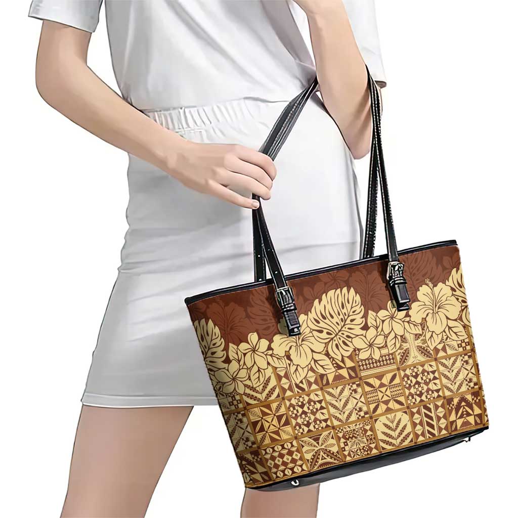 Niue Hiapo Motif Leather Tote Bag Tapa Classic LT7 - Polynesian Pride