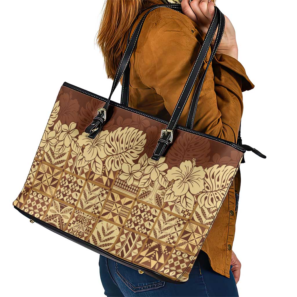 Niue Hiapo Motif Leather Tote Bag Tapa Classic LT7 - Polynesian Pride