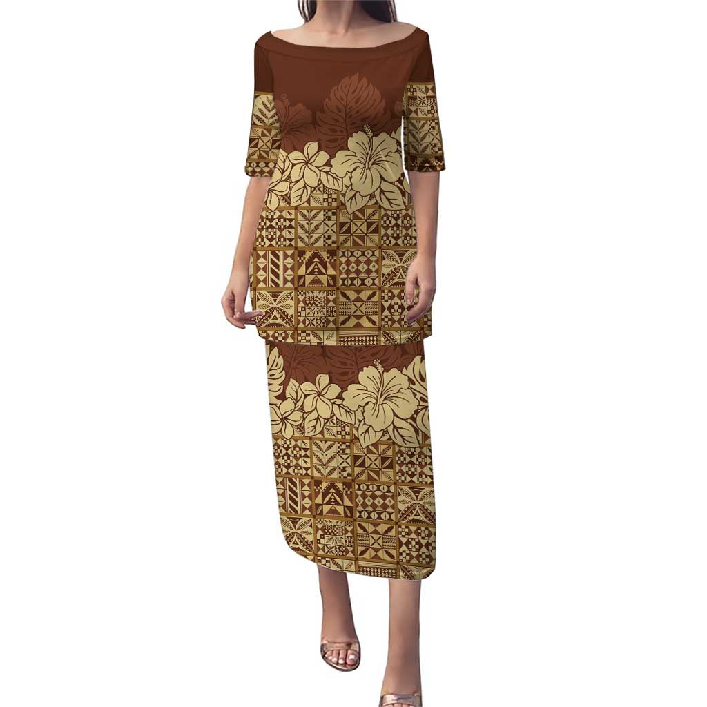 Niue Hiapo Motif Puletasi Tapa Classic LT7 Long Dress Beige - Polynesian Pride