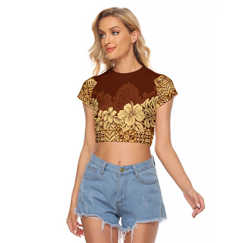 Niue Hiapo Motif Raglan Cropped T Shirt Tapa Classic LT7 Female Beige - Polynesian Pride