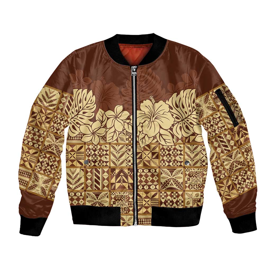 Niue Hiapo Motif Sleeve Zip Bomber Jacket Tapa Classic LT7 Unisex Beige - Polynesian Pride