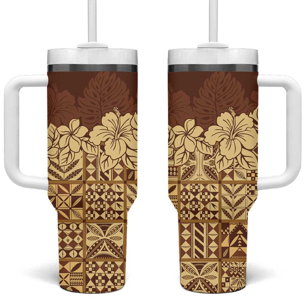Niue Hiapo Motif Tumbler With Handle Tapa Classic LT7 One Size: 40 oz Beige - Polynesian Pride