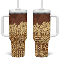 Niue Hiapo Motif Tumbler With Handle Tapa Classic LT7 One Size: 40 oz Beige - Polynesian Pride