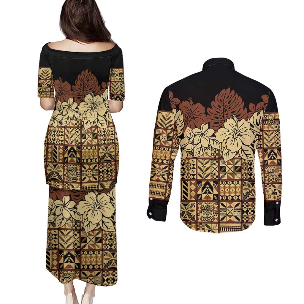 Niue Hiapo Motif Couples Matching Puletasi and Long Sleeve Button Shirt Tapa Classic - Black Ver LT7 - Polynesian Pride