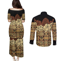 Niue Hiapo Motif Couples Matching Puletasi and Long Sleeve Button Shirt Tapa Classic - Black Ver LT7 - Polynesian Pride
