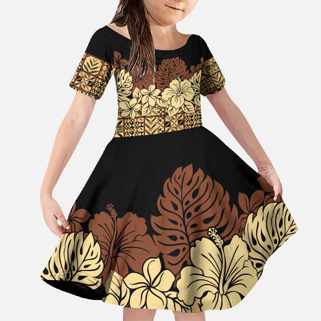 Niue Hiapo Motif Family Matching Off Shoulder Maxi Dress and Hawaiian Shirt Tapa Classic - Black Ver