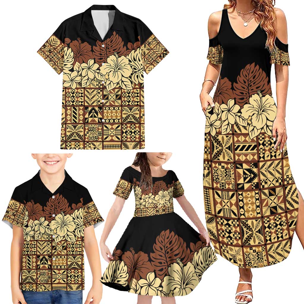 Niue Hiapo Motif Family Matching Summer Maxi Dress and Hawaiian Shirt Tapa Classic - Black Ver