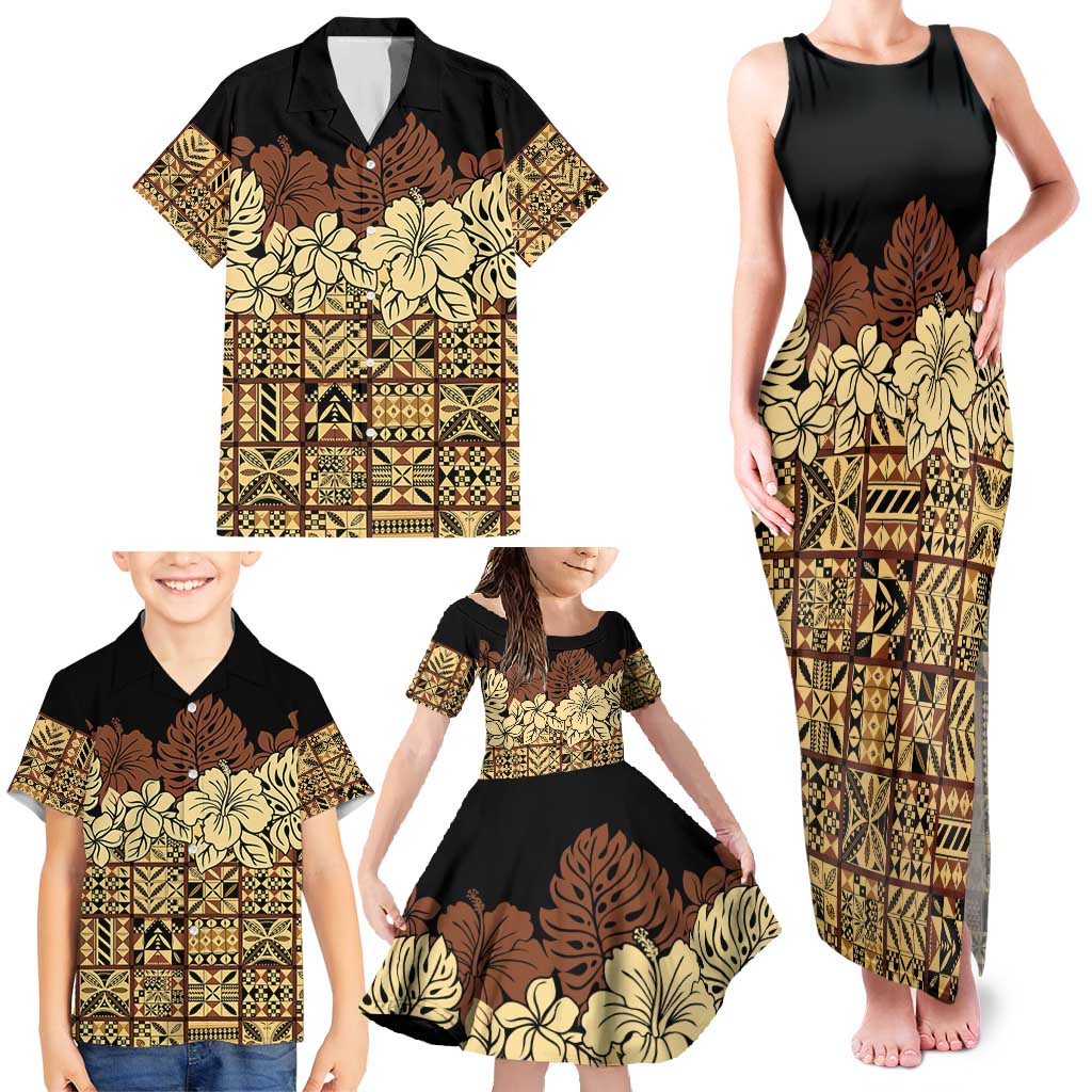 Niue Hiapo Motif Family Matching Tank Maxi Dress and Hawaiian Shirt Tapa Classic - Black Ver