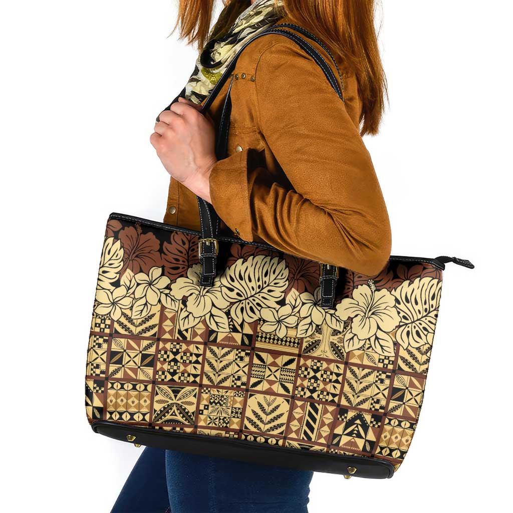 Niue Hiapo Motif Leather Tote Bag Tapa Classic - Black Ver LT7 Black - Polynesian Pride