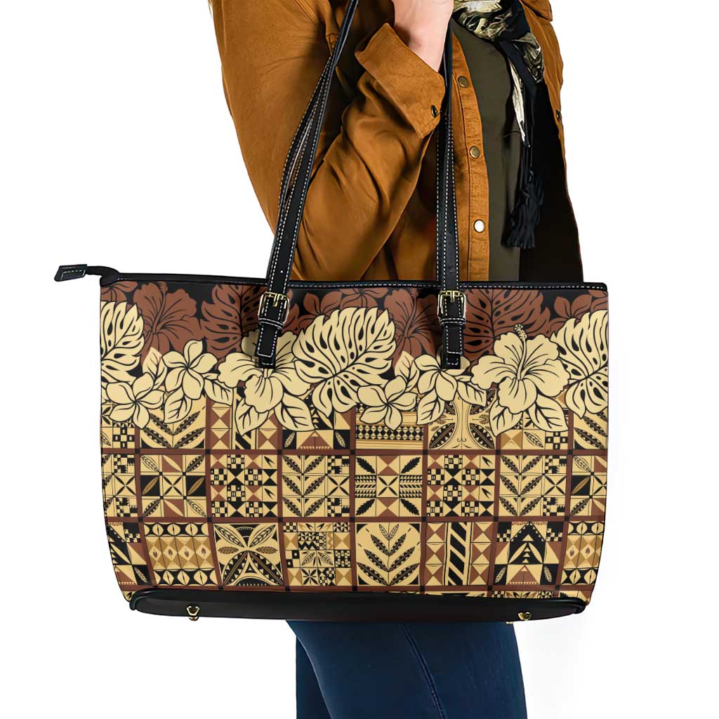 Niue Hiapo Motif Leather Tote Bag Tapa Classic - Black Ver LT7 - Polynesian Pride