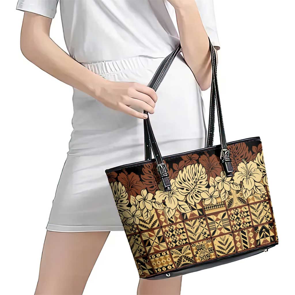 Niue Hiapo Motif Leather Tote Bag Tapa Classic - Black Ver LT7 - Polynesian Pride