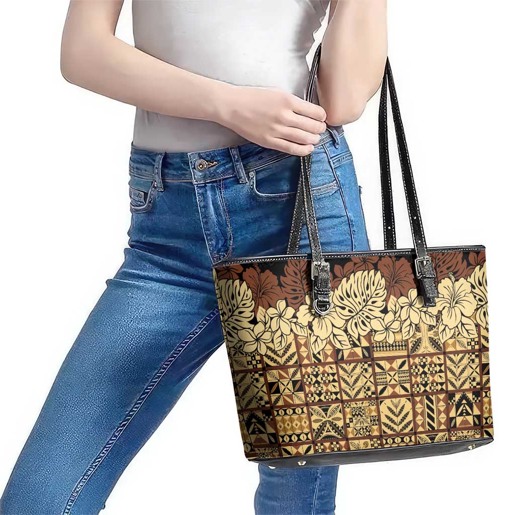Niue Hiapo Motif Leather Tote Bag Tapa Classic - Black Ver LT7 - Polynesian Pride