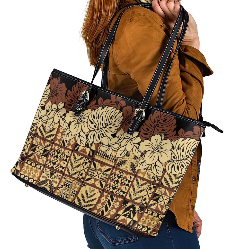 Niue Hiapo Motif Leather Tote Bag Tapa Classic - Black Ver LT7 - Polynesian Pride