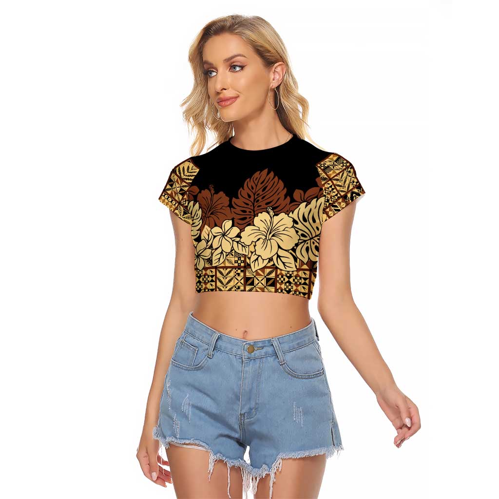 Niue Hiapo Motif Raglan Cropped T Shirt Tapa Classic - Black Ver LT7 Female Black - Polynesian Pride