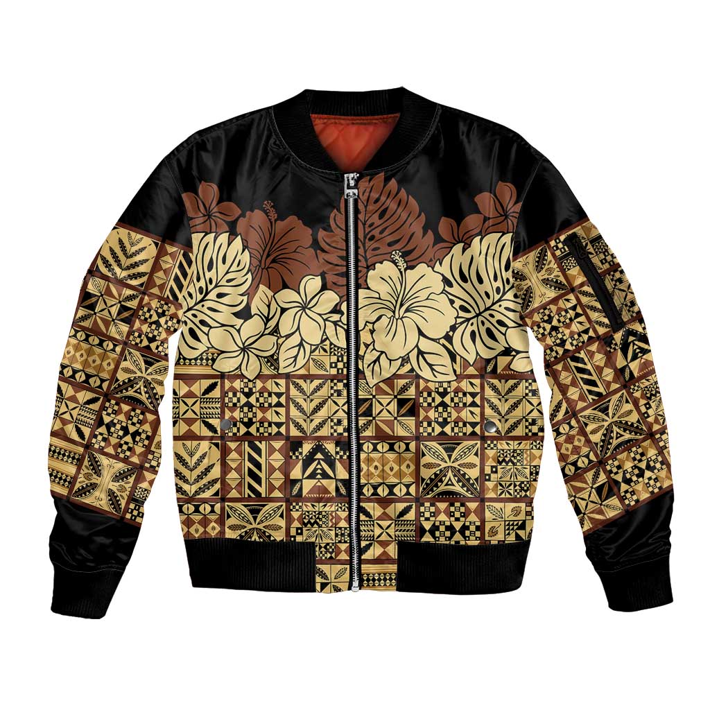 Niue Hiapo Motif Sleeve Zip Bomber Jacket Tapa Classic - Black Ver LT7 Unisex Black - Polynesian Pride