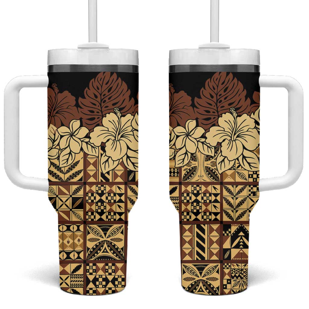 Niue Hiapo Motif Tumbler With Handle Tapa Classic - Black Ver LT7 One Size: 40 oz Black - Polynesian Pride