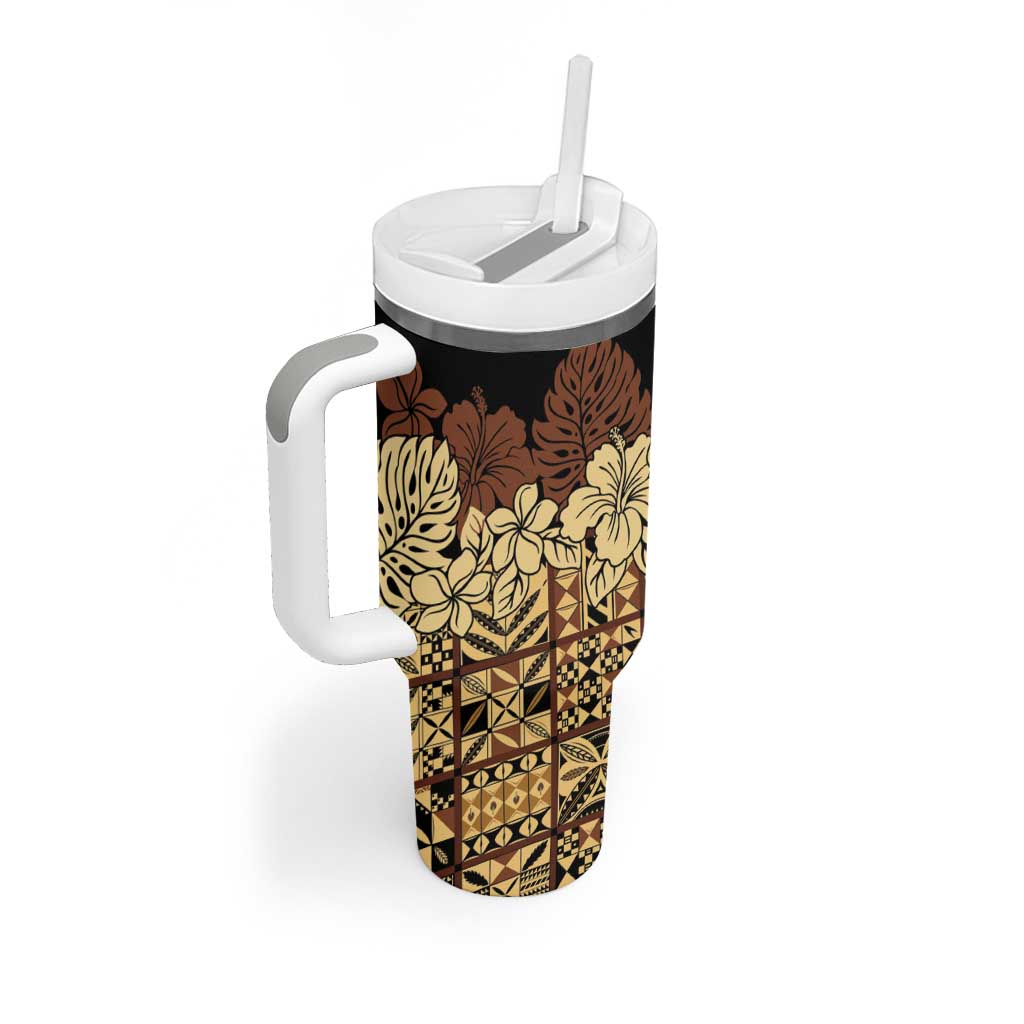 Niue Hiapo Motif Tumbler With Handle Tapa Classic - Black Ver LT7 - Polynesian Pride