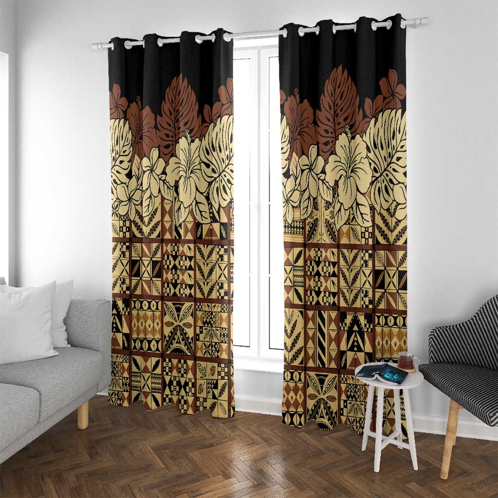 Niue Hiapo Motif Window Curtain Tapa Classic - Black Ver LT7 With Grommets Black - Polynesian Pride