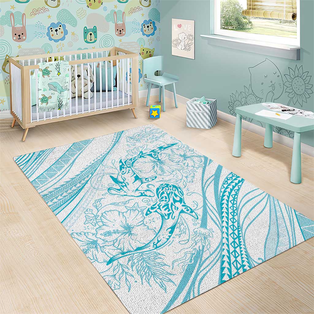 Sharks Couple Dreamy Polynesians Floral Sea Area Rug Turquoise - Polynesian Pride