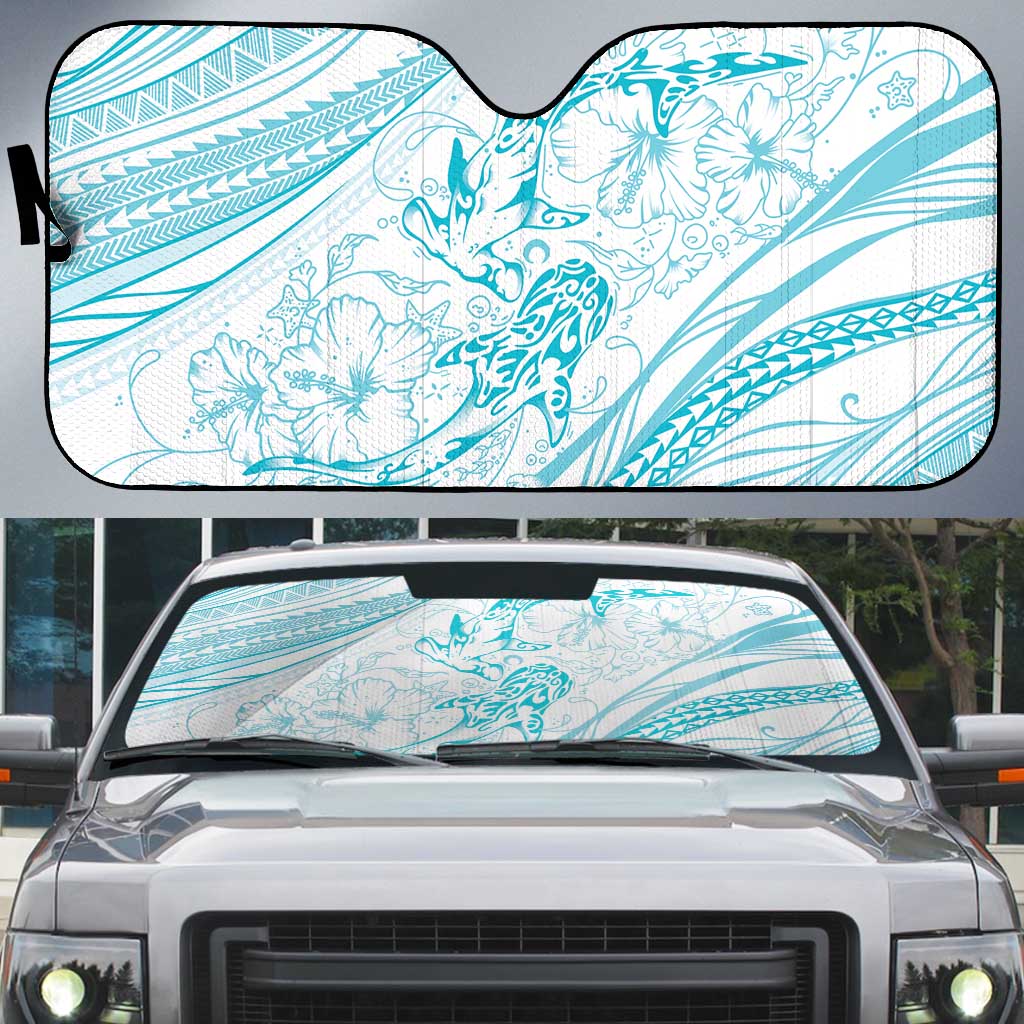 Sharks Couple Dreamy Polynesians Floral Sea Auto Sun Shade Turquoise - Polynesian Pride