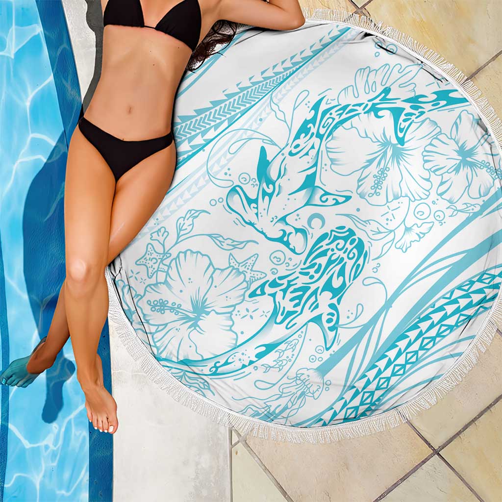 Sharks Couple Dreamy Polynesians Floral Sea Beach Blanket Turquoise - Polynesian Pride