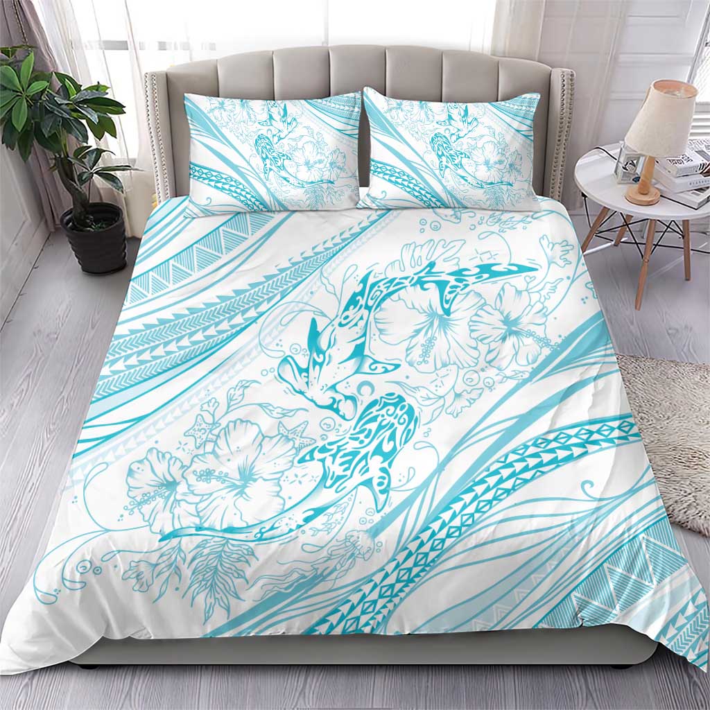 Sharks Couple Dreamy Polynesians Floral Sea Bedding Set Turquoise - Polynesian Pride