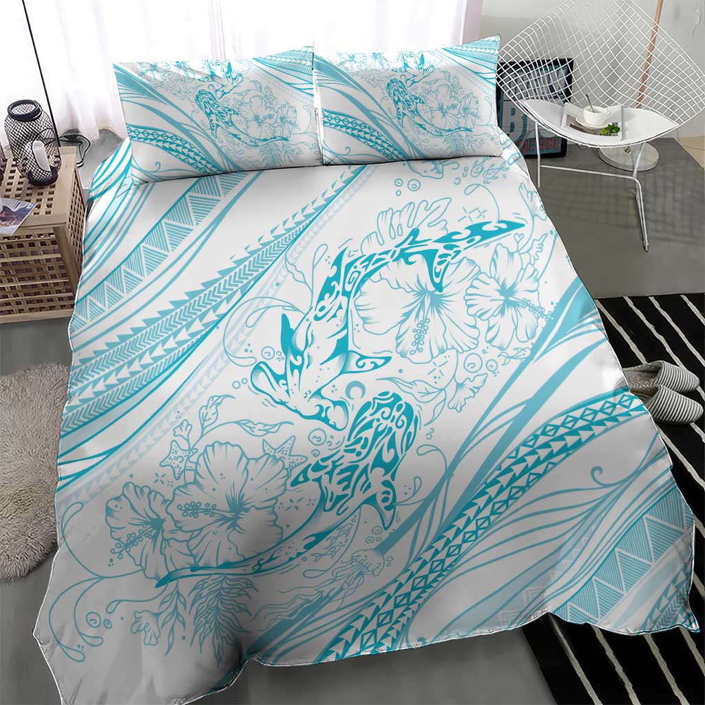 Sharks Couple Dreamy Polynesians Floral Sea Bedding Set Turquoise - Polynesian Pride