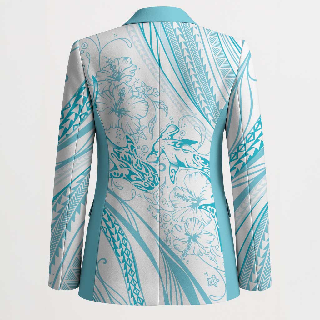 Sharks Couple Dreamy Polynesians Floral Sea Blazer Turquoise - Polynesian Pride