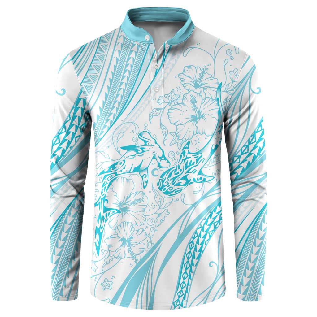 Sharks Couple Dreamy Polynesians Floral Sea Button Sweatshirt Turquoise LT7 Turquoise - Polynesian Pride
