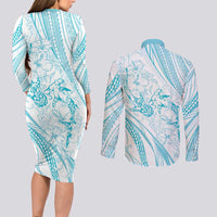 Sharks Couple Dreamy Polynesians Floral Sea Couples Matching Long Sleeve Bodycon Dress and Long Sleeve Button Shirt Turquoise - Polynesian Pride