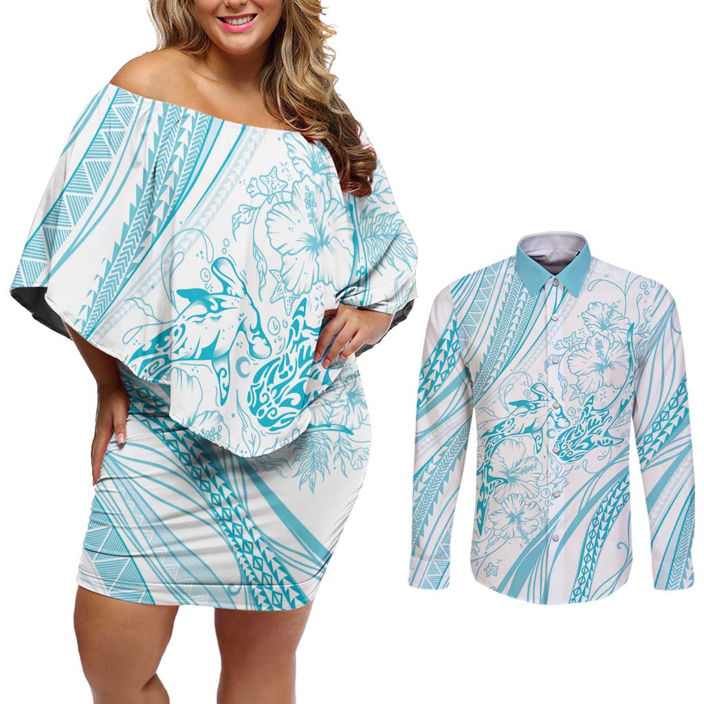 Sharks Couple Dreamy Polynesians Floral Sea Couples Matching Off Shoulder Short Dress and Long Sleeve Button Shirt Turquoise - Polynesian Pride