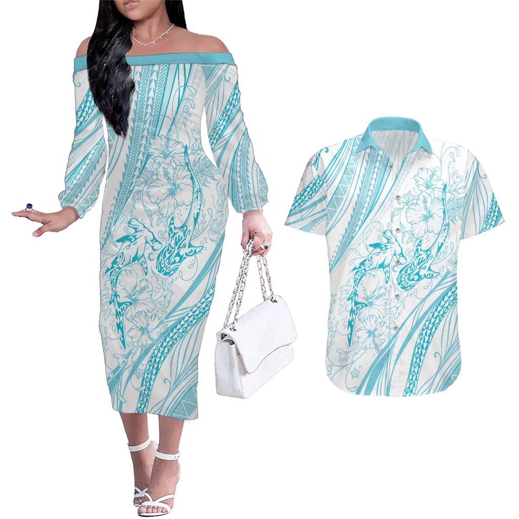 Sharks Couple Dreamy Polynesians Floral Sea Couples Matching Off The Shoulder Long Sleeve Dress and Hawaiian Shirt Turquoise - Polynesian Pride