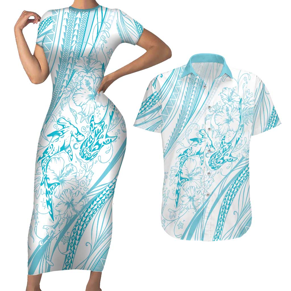 Sharks Couple Dreamy Polynesians Floral Sea Couples Matching Short Sleeve Bodycon Dress and Hawaiian Shirt Turquoise - Polynesian Pride