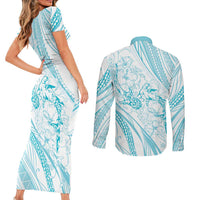 Sharks Couple Dreamy Polynesians Floral Sea Couples Matching Short Sleeve Bodycon Dress and Long Sleeve Button Shirt Turquoise - Polynesian Pride