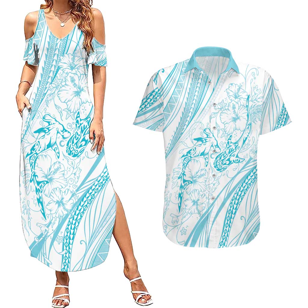 Sharks Couple Dreamy Polynesians Floral Sea Couples Matching Summer Maxi Dress and Hawaiian Shirt Turquoise - Polynesian Pride