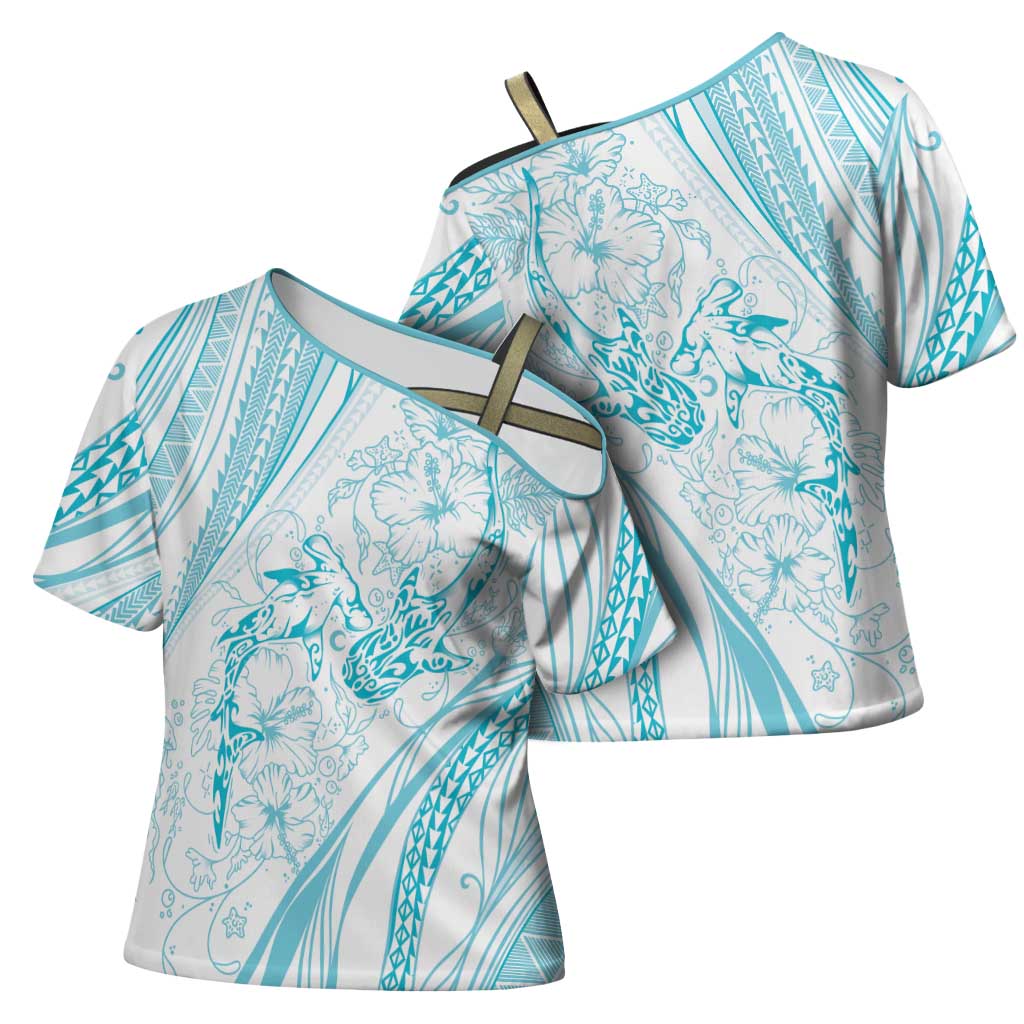 Sharks Couple Dreamy Polynesians Floral Sea Cross Shoulder Shirt Turquoise LT7 - Polynesian Pride