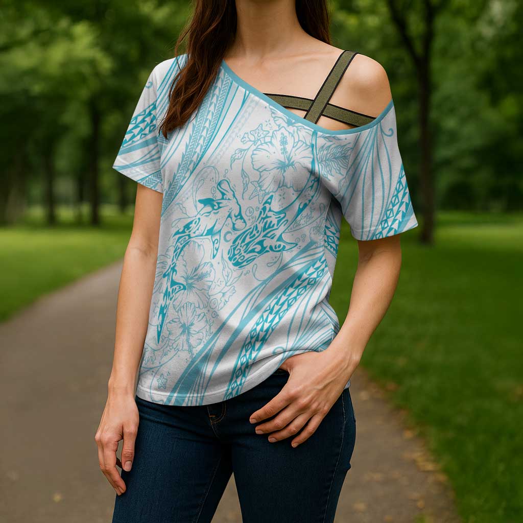 Sharks Couple Dreamy Polynesians Floral Sea Cross Shoulder Shirt Turquoise LT7 - Polynesian Pride
