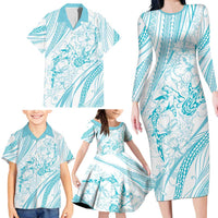 Sharks Couple Dreamy Polynesians Floral Sea Family Matching Long Sleeve Bodycon Dress and Hawaiian Shirt Turquoise - Polynesian Pride