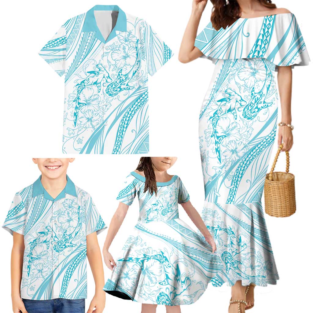 Sharks Couple Dreamy Polynesians Floral Sea Family Matching Mermaid Dress and Hawaiian Shirt Turquoise - Polynesian Pride